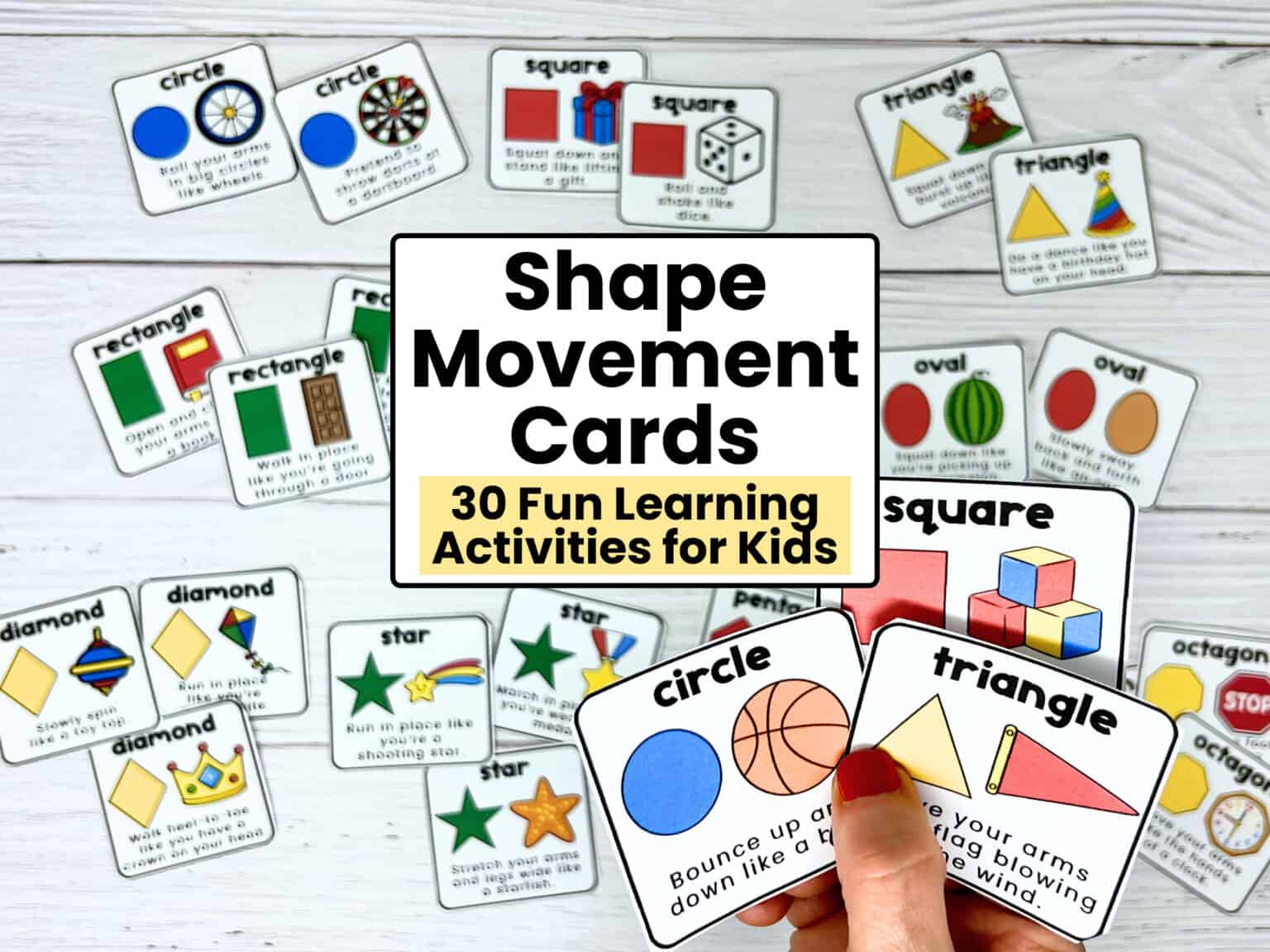 Woman holding examples of circle, square and triangle movement cards for this set of 16 printable shape movement careds.