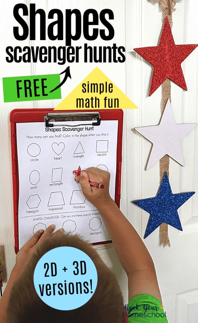 Boy using red crayon to fill in shapes scavenger hunt with white door and red, white, &amp; blue stars in background to feature the simple math fun your kids can enjoy with these free scavenger hunt printables