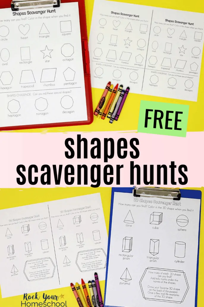 Shapes scavenger hunt printables with 2D and 3D shapes on clipboards with crayons to feature the simple math fun and more your kids will have with these free scavenger hunt printables