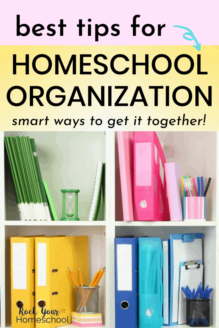 Colorfully arranged bookshelves with school supplies to feature these best tips for homeschool organization