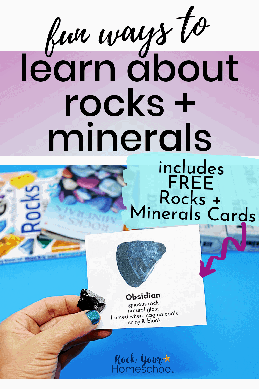 Woman holding obsidian card to feature the fun & creative ways to use these rocks and minerals cards