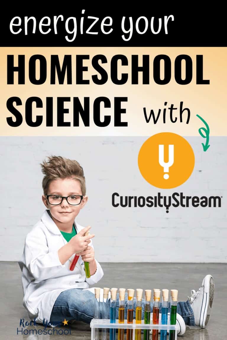 Young boy with spiky hair and glasses wearing science lab coat with test tubes to feature how you can easily energize your homeschool science with Curiosity Stream