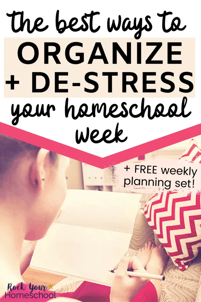 Woman relaxing on couch with red chevron pillow and organized bookshelf in background to feature the best ways to organize &amp; de-stress your homeschool week with these tips, ideas, &amp; weekly planning pages