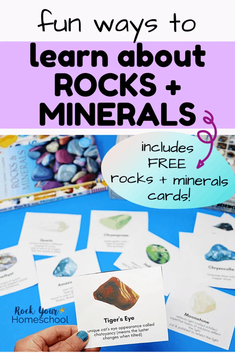 Woman holding tiger's eye card to feature the fun & creative ways you can learn with these free rocks and minerals cards