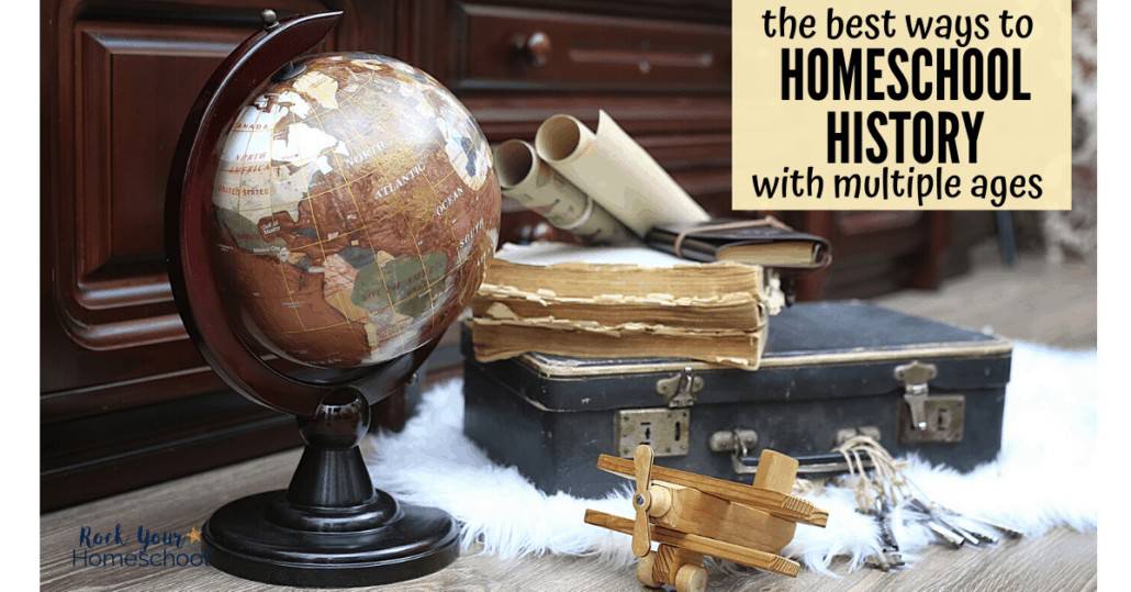 A collection of older things like books, suit case, globe, papers, and wooden airplane toy to feature the best ways to homeschool history with multiple children with these creative ideas &amp; tips