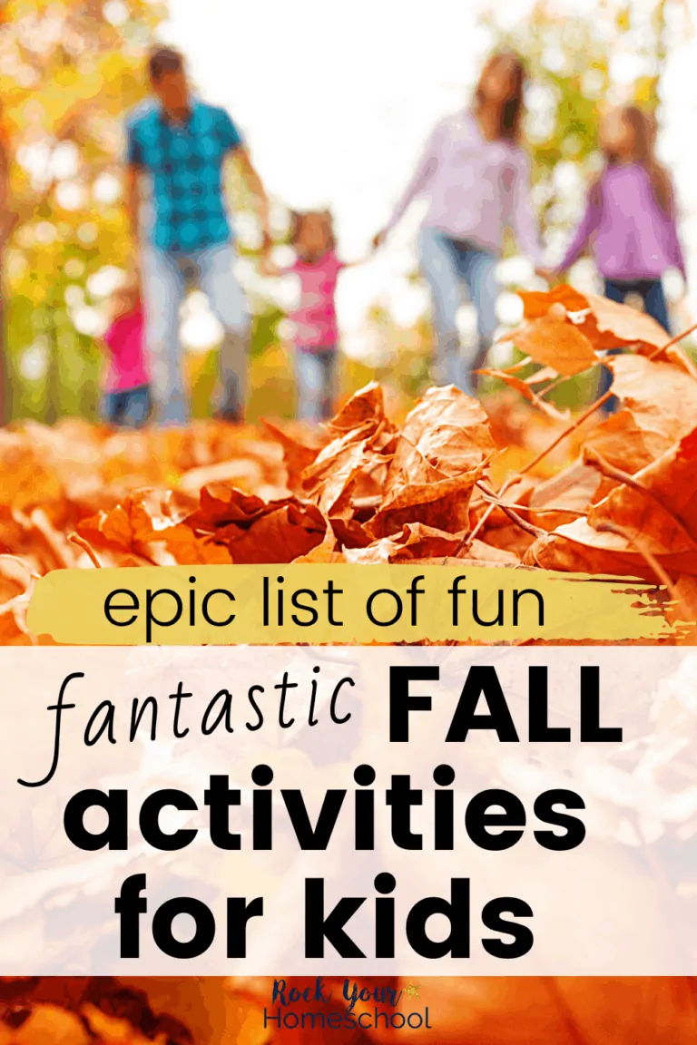 Happy family in background as they walk through Autumn leaves to feature this epic list of fantastic fun Fall activities for kids and families