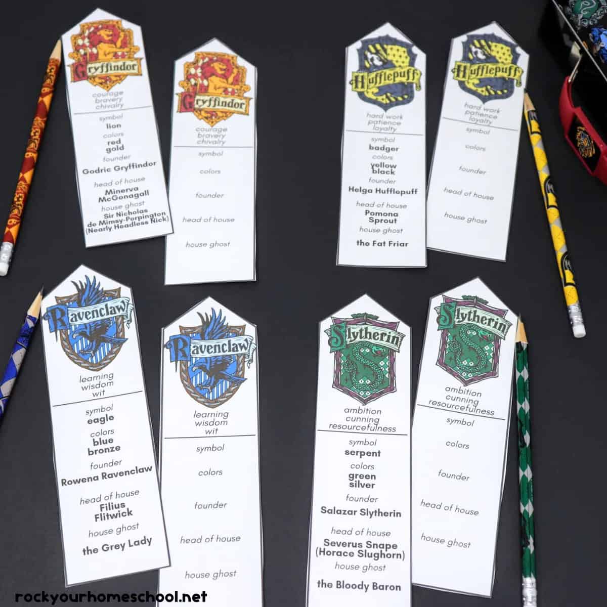 8 examples of Harry Potter Hogwart Houses bookmarks in color and black-and-white.