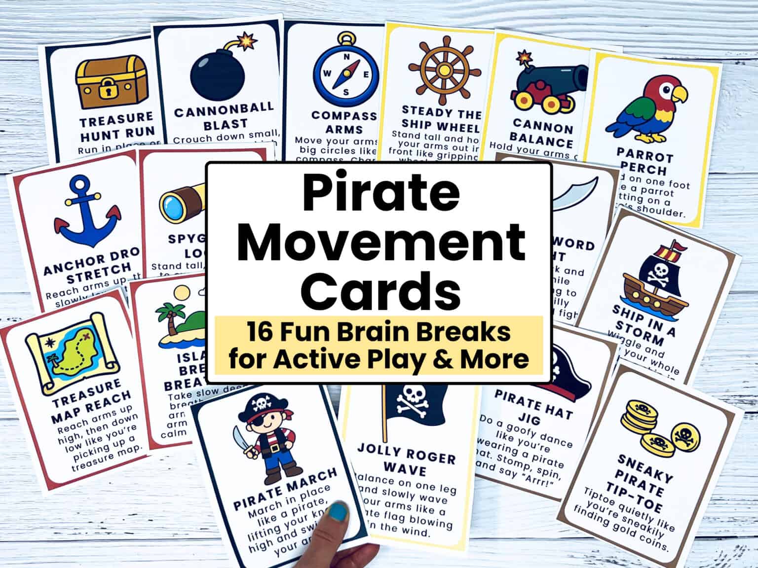 16 printable pirate movement cards for kids.
