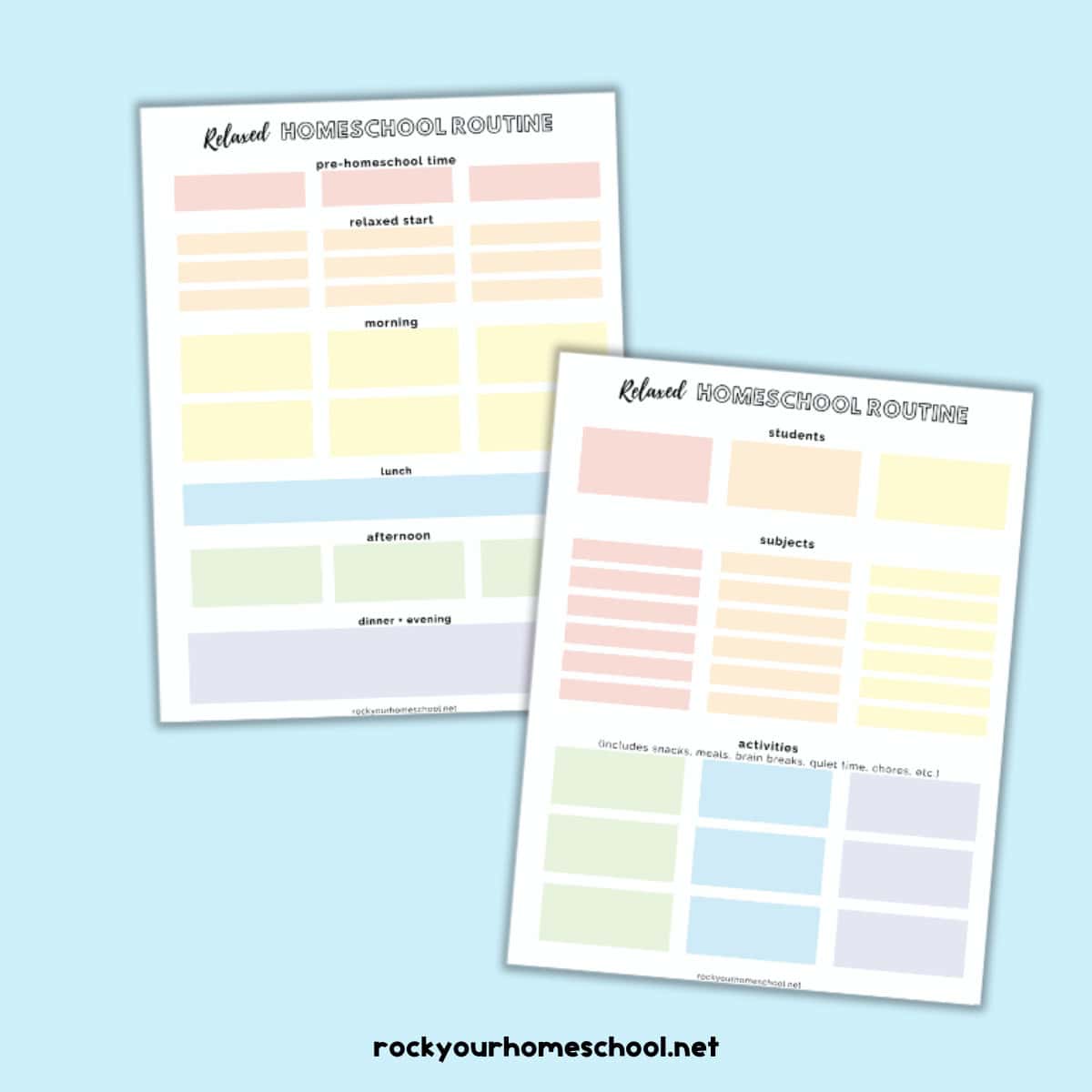 2 pages of relaxed homeschool routine planner set.