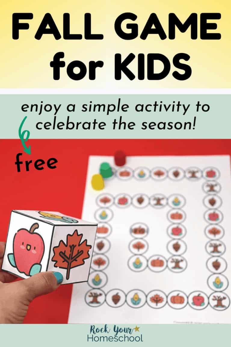 Woman holding custom die for Fall Game for Kids to feature how you can enjoy this simple activity for seasonal fun
