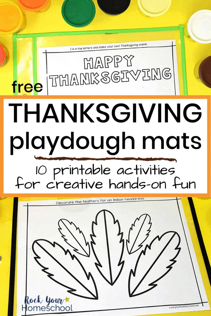Happy Thanksgiving and feathers playdough mats with playdough containers to feature the excellent hands-on holiday fun your kids will have with these Thanksgiving playdough mats with creative prompts