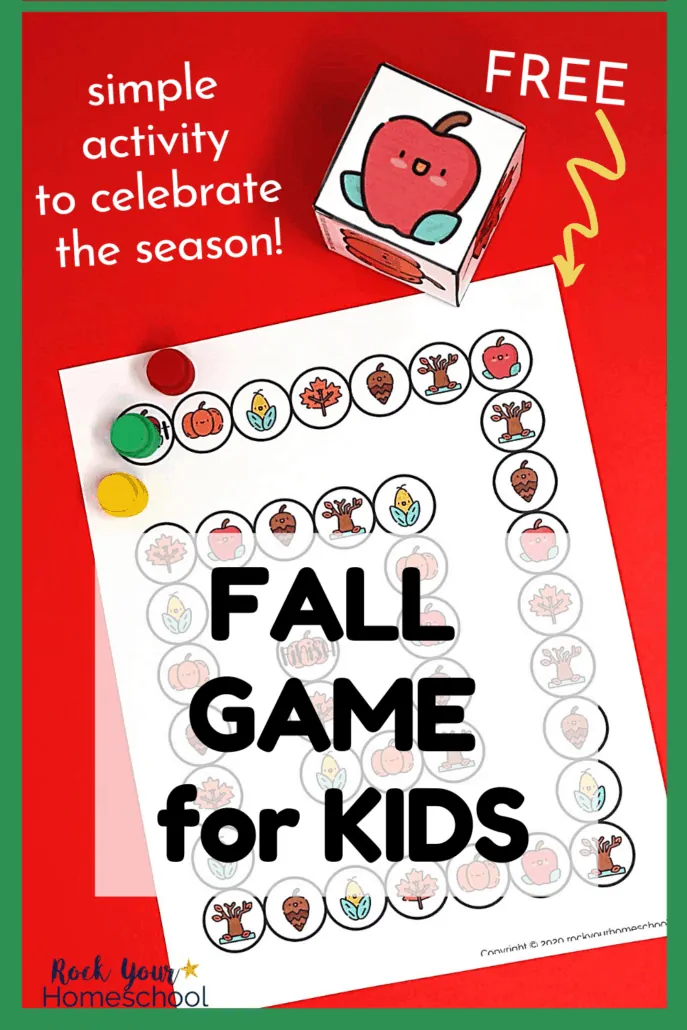 This Fall game for kids includes free printable game board & custom die so you can enjoy a simple activity for seasonal fun with kids.