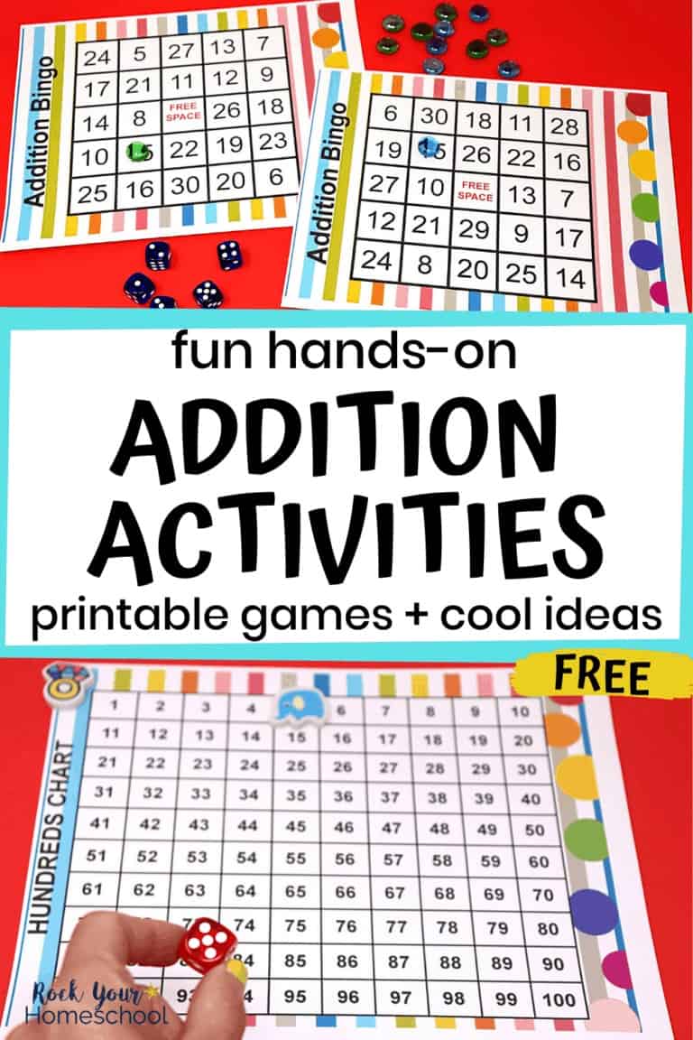Addition bingo cards with markers and dice and woman holding red dice with colorful hundreds chart to feature these awesome hands-on addition activities your kids will love