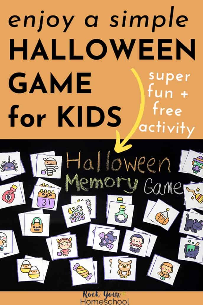 Halloween memory game cards on black chalkboard to feature how you can enjoy a simple yet super fun activity for Halloween fun with kids