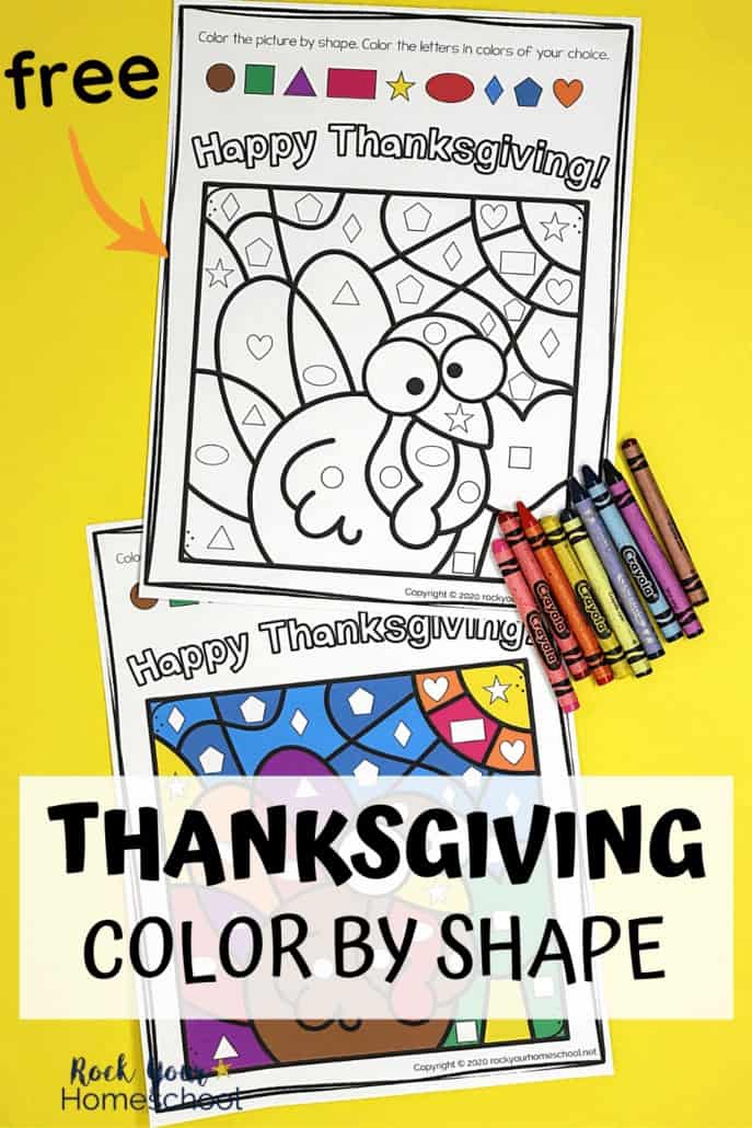 Thanksgiving Color By Shapes activities in black and white & color with crayons to feature the terrific holiday fun your kids will have with this print-and-go activity