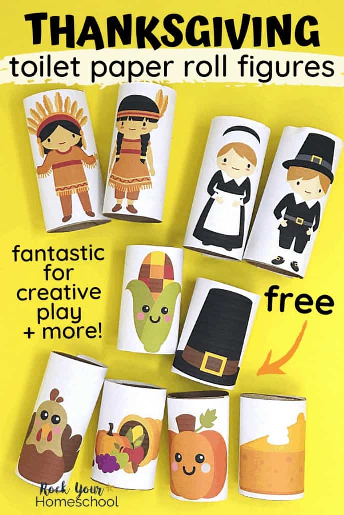 Thanksgiving toilet paper roll figures of boy and girl Indians, boy and girl Pilgrims, maize, Pilgrim hat, turkey, cornucopia, pumpkin, and slice of pumpkin pie to feature the amazing fun your kids will have with these frugal Thanksgiving activities