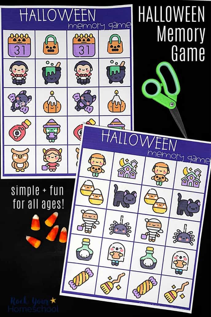 Halloween memory game for kids with green scissors & candy corn on black chalkboard to feature the simple yet super fun you can have with this free printable Halloween game for kids