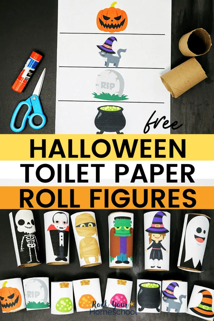 Halloween toilet paper roll figures with scissors, glue stick and empty toilet paper rolls to feature the easy holiday fun you can have with this free printable set