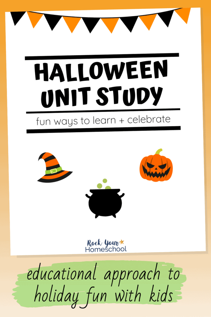 Halloween unit study cover with witch hat, jack o\' lantern, and cauldron to feature the excellent learning fun you can add to your holiday celebration with this Halloween unit study