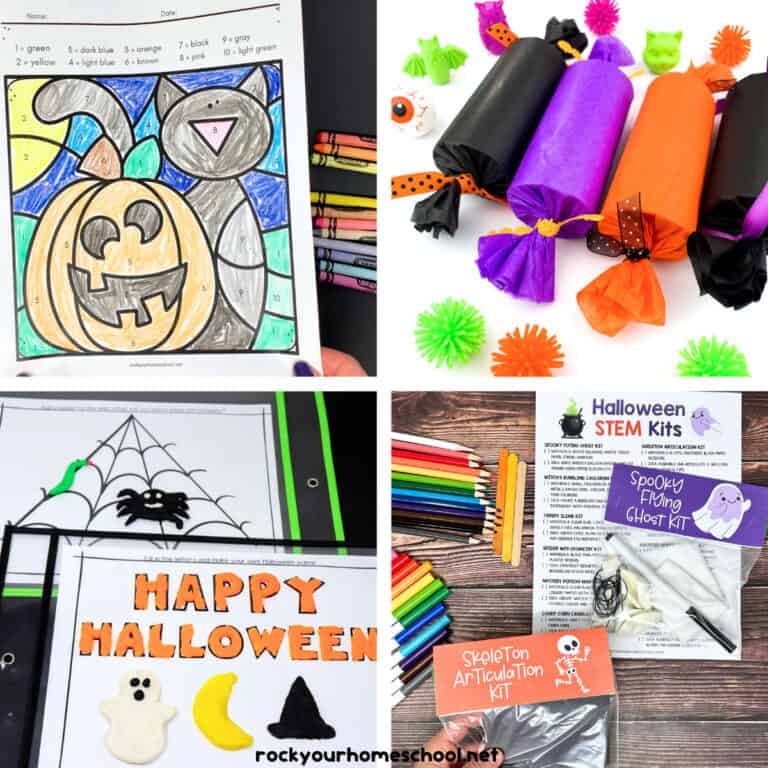 4 examples of fun Halloween activities and ideas for kids including color by number page with black cat and jack-o'-lantern, party poppers, playdough mats, and STEM kits.