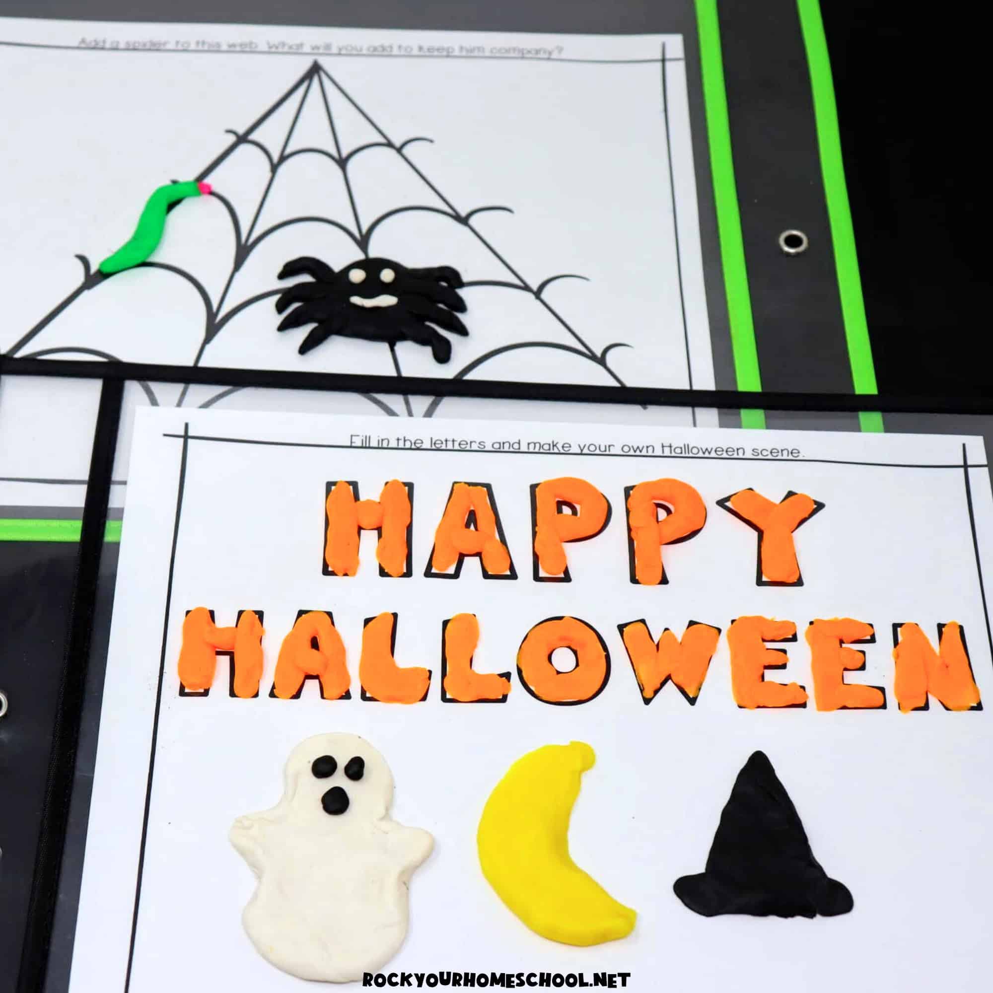 Examples of Halloween playdough mats with spider web and Happy Halloween with ghost, moon, and witch hat.