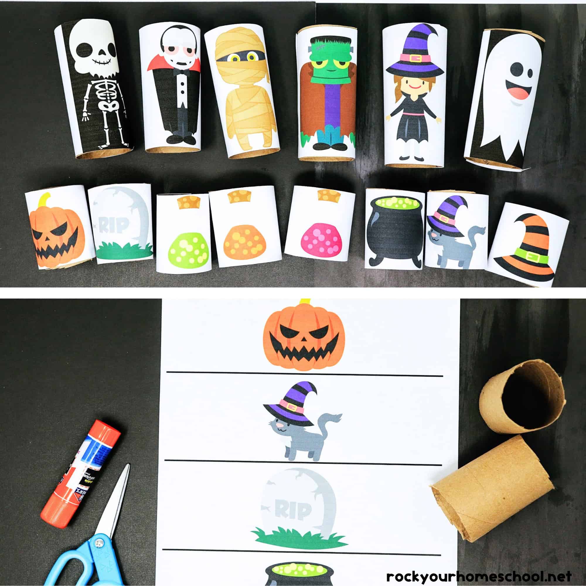 Halloween toilet paper roll figures with scissors, glue stick and empty toilet paper rolls to feature the easy holiday fun you can have with this free printable set.