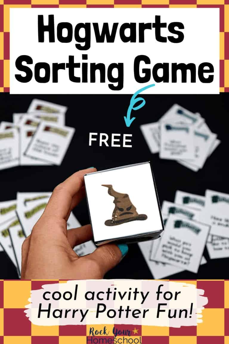 Woman holding Hogwarts Sorting Game custom die with House cards in background to feature the fantastic Harry Potter fun you'll have with these free Harry Potter game