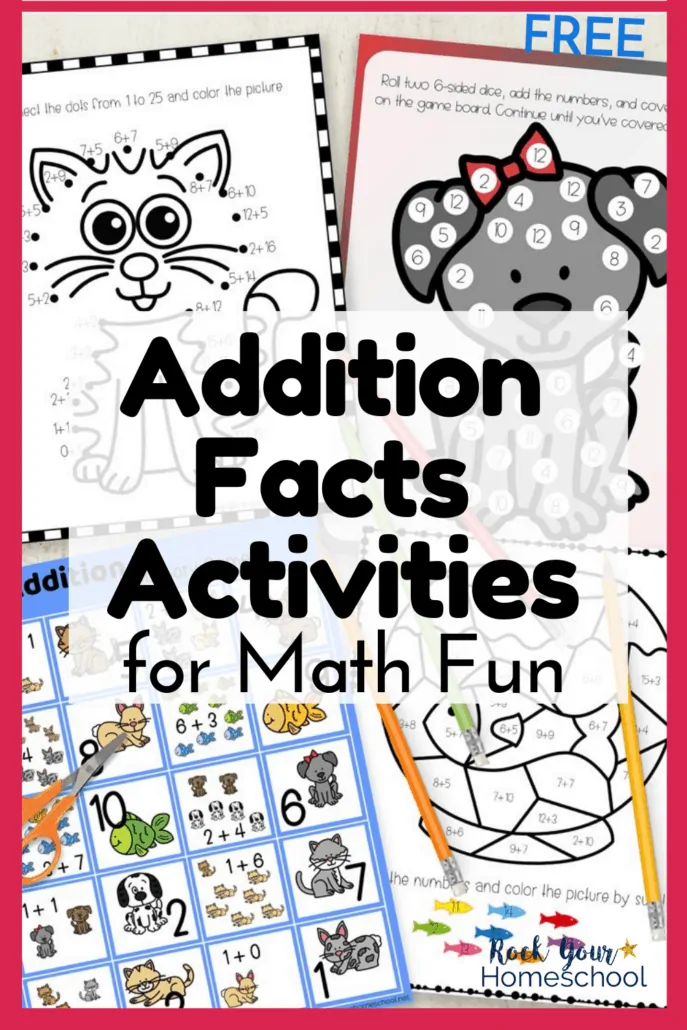 Connect the Sum cat, Roll and Cover dog, addition memory game cards, and color by sum fish bowl to feature the amazing math fun your kids will have with these Addition Facts activities with pets
