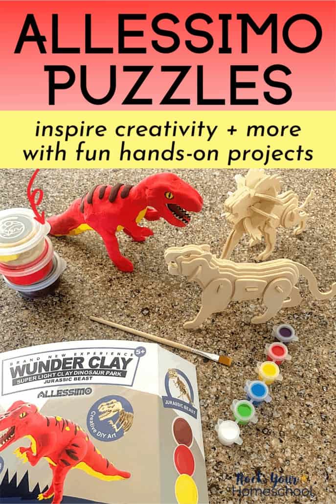 T-Rex, lion, & tiger with paints & WunderClay to feature how Allessimo Puzzles inspired creativity & more with DIY kits for kids