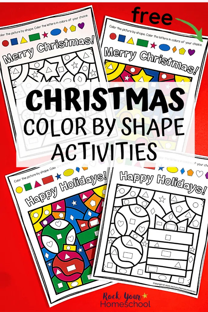 Christmas color by shape activities featuring Christmas tree, ornament, and present to show how your kids can enjoy this free printable set for special holiday fun