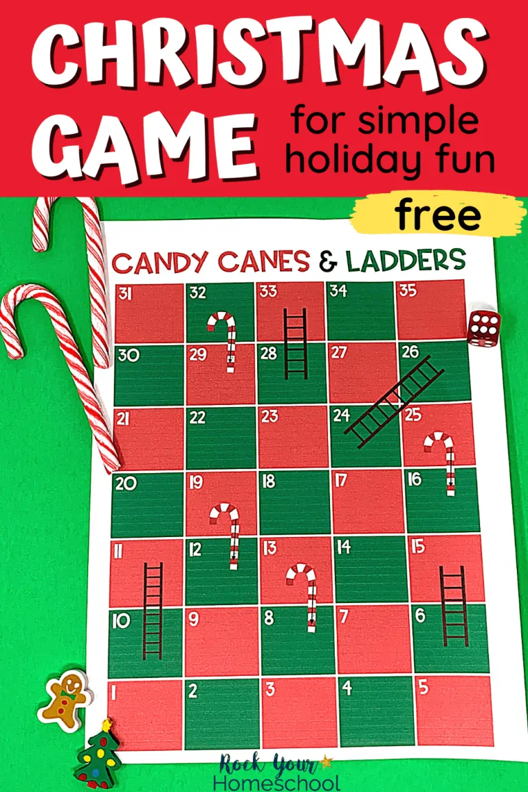 Candy Canes & Ladders Game with candy games, die, & mini-erasers to feature how this free Christmas game is perfect for special holiday fun