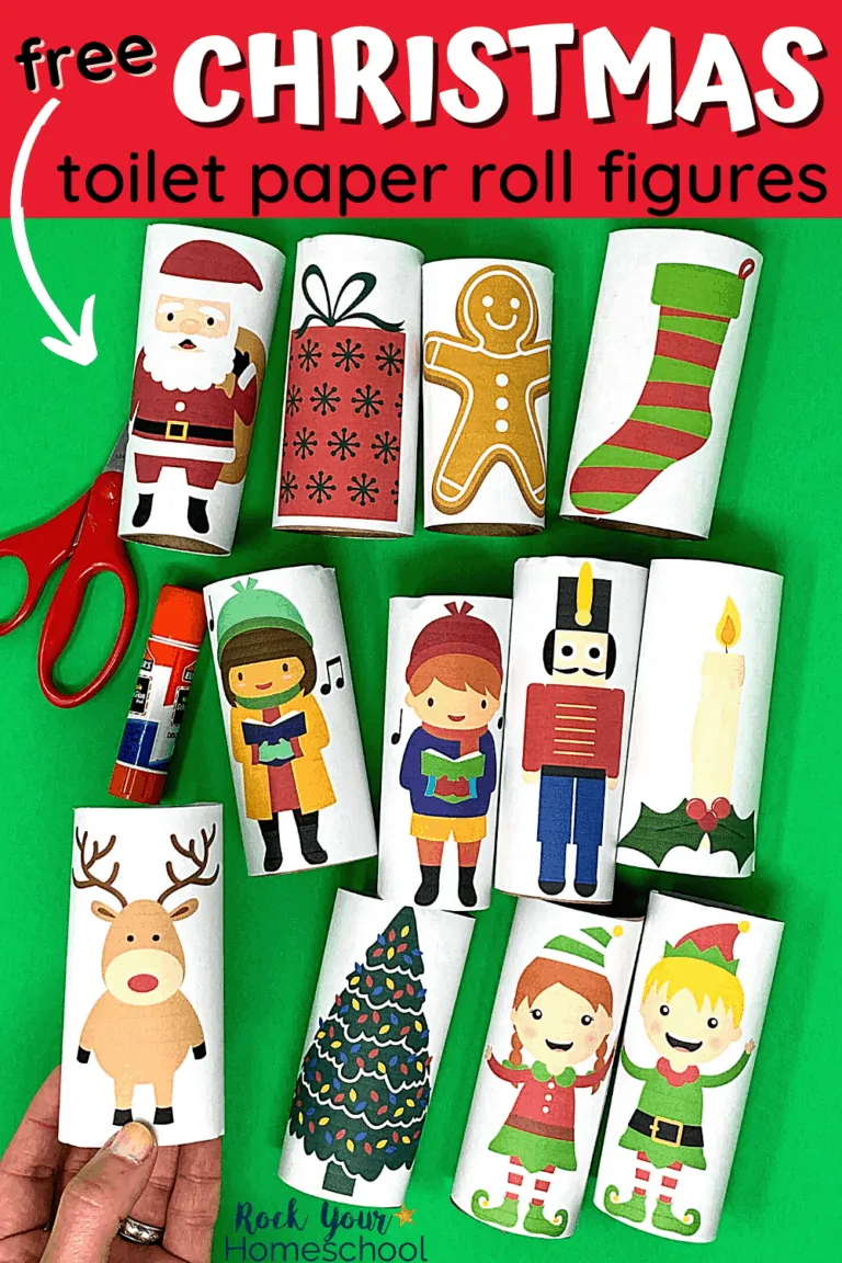 Woman holding reindeer Christmas toilet paper roll figure with other Christmas toilet paper roll figures in the background to feature the amazing holiday fun your kids will have with this free printable set