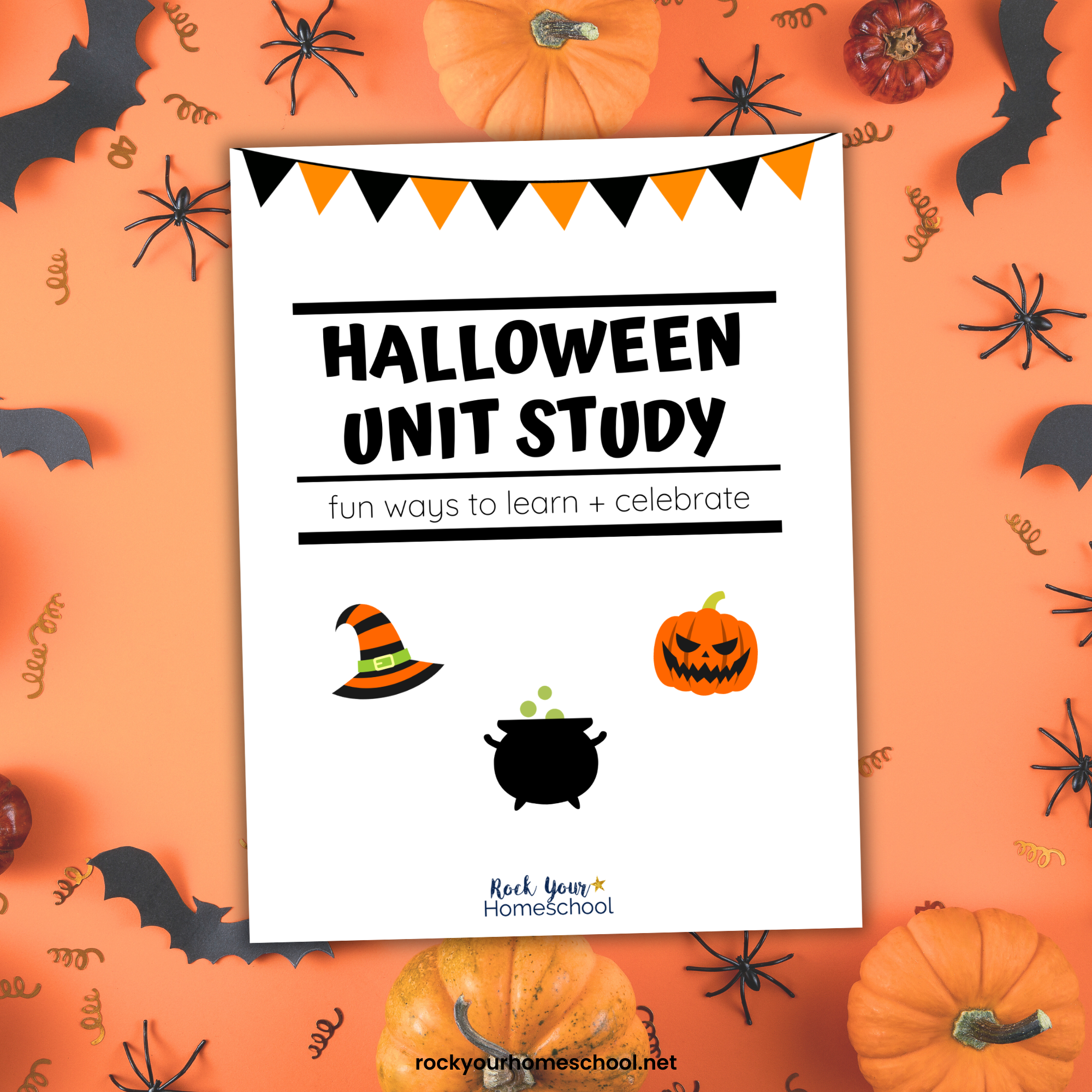 Cover of Halloween unit study on orange background with pumpkins, spiders, and bats.