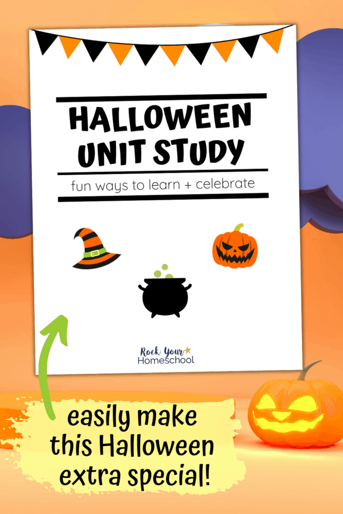 Jack o'lantern with purple paper clouds and orange sky in background with Halloween Unit Study cover