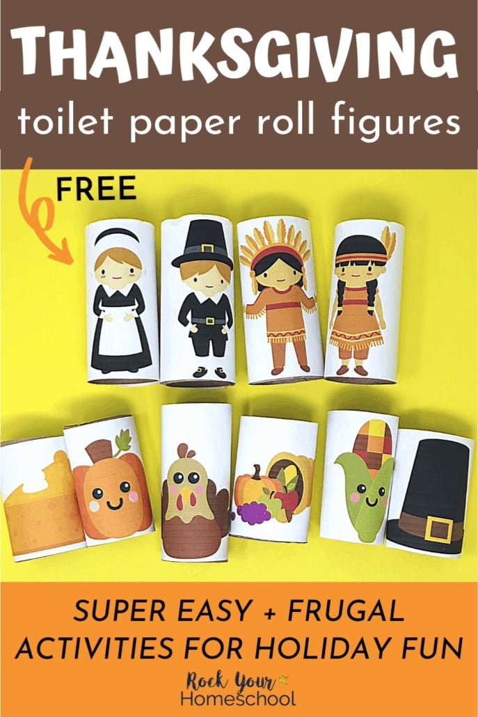 Variety of Thanksgiving toilet paper roll figures of girl and boy Pilgrims, girl and boy Indians, slice of pumpkin pie, pumpkin, turkey, cornucopia, maize, &amp; Pilgrim to feature the amazing hands-on fun your kids will have with these holiday activities