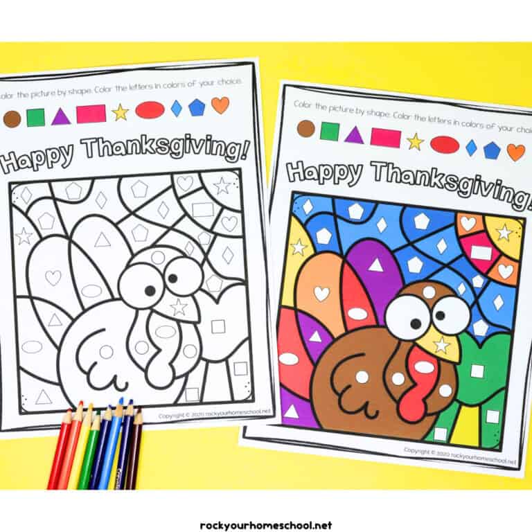 Example of Thanksgiving color by shapes activity featuring a turkey with answer key and color pencils.
