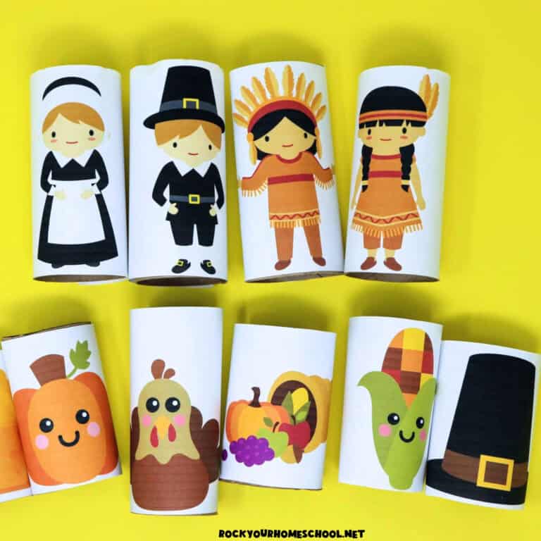 Thanksgiving toilet paper roll figures of boy and girl Indians, boy and girl Pilgrims, maize, Pilgrim hat, turkey, cornucopia, pumpkin, and slice of pumpkin pie.