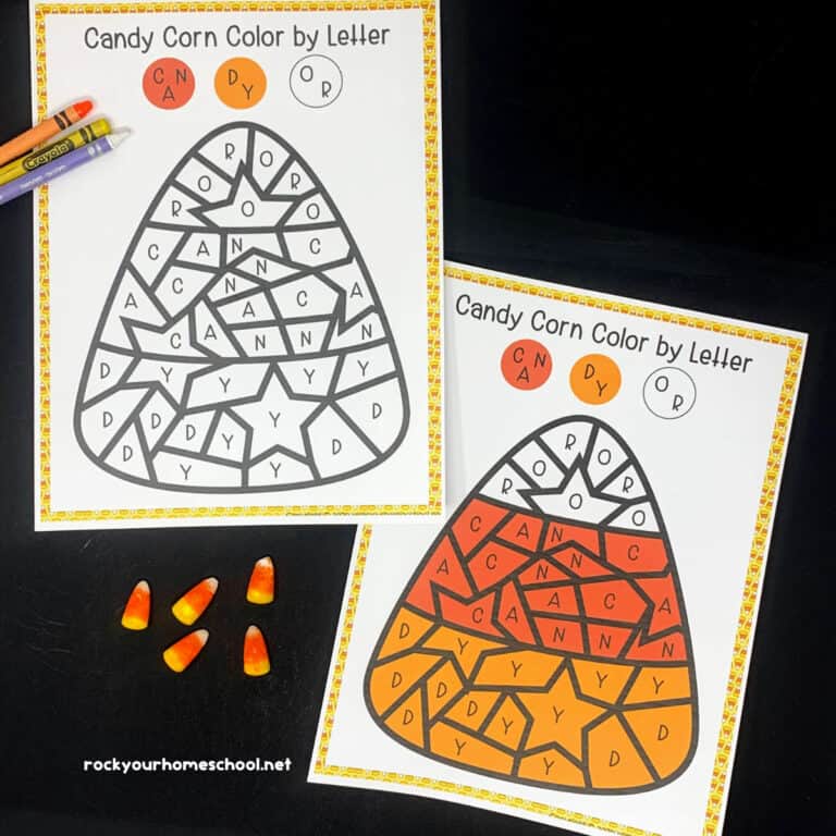 2 examples of candy corn color by letter.