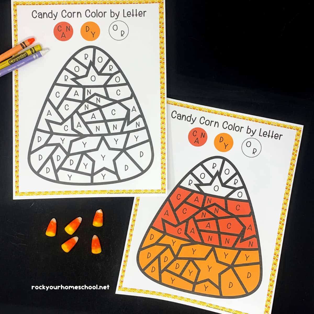 Examples of candy corn color by letter page with answer key, crayons, and treats.