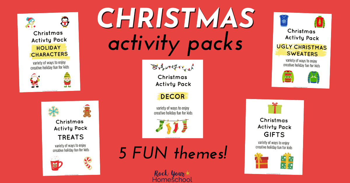 5 examples of Christmas Activity Pack sets with holiday characters, treats, decor, gifts, and Ugly Christmas sweaters.