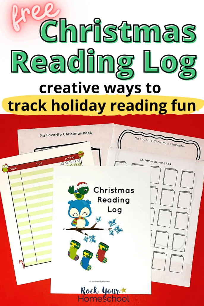 Christmas reading log pages including cover, color chart, black and white tracker, favorite character prompt, and favorite book prompt to feature the special holiday fun your kids will have recording and tracking their Christmas reading fun this year