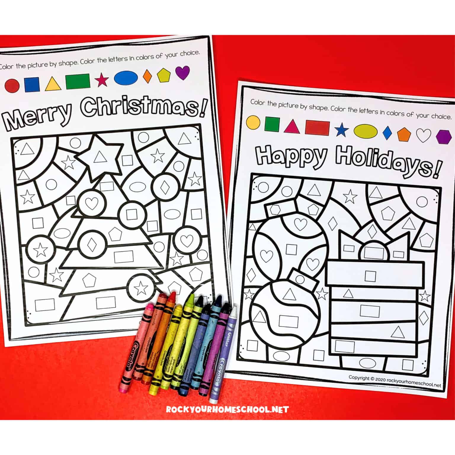 Examples of free printable Christmas color by shapes pages with crayons.
