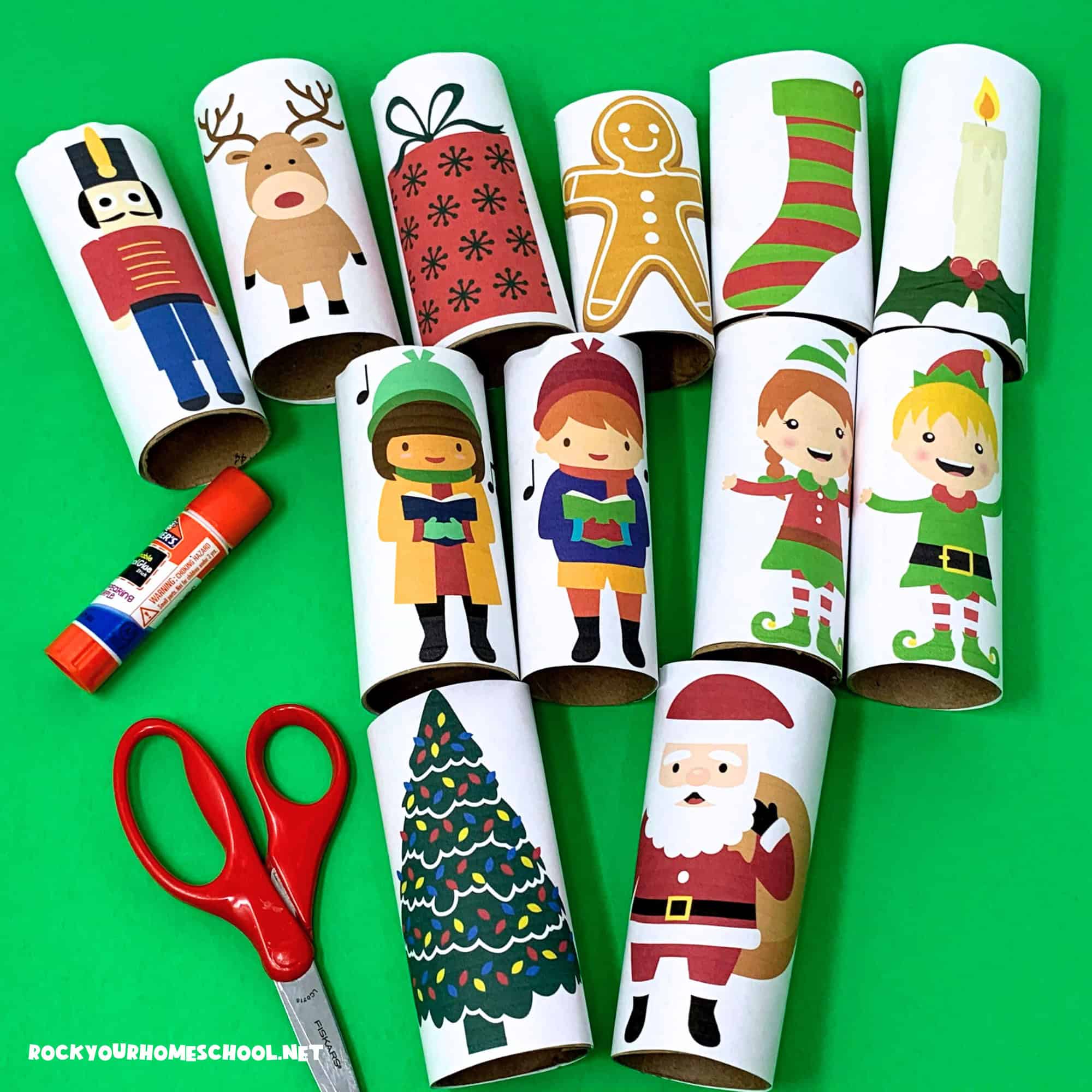 Examples of free printable Christmas toilet paper roll figures with nutcracker, reindeer, gift, gingerbread man, stocking, candle, carolers, elves, tree, and Santa.