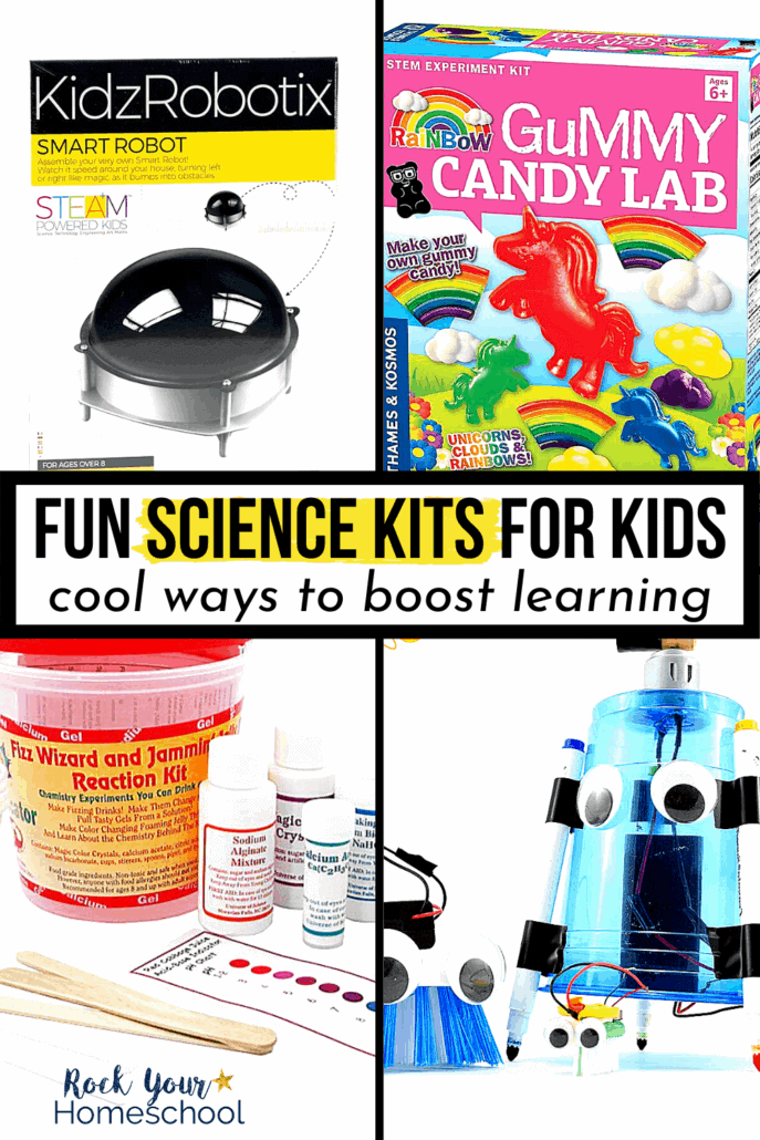 Variety of science kits for kids including smart robot, rainbow gummy lab, science bucket, & creative robots