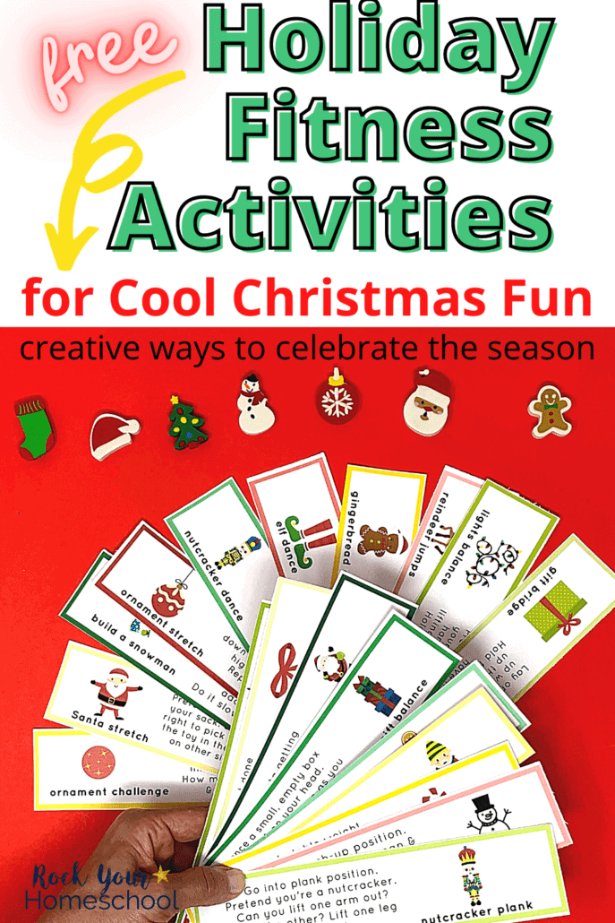 Woman holding Holiday Fitness Activities prompts with Christmas-themed mini-erasers in background to feature the super cool Christmas fun your kids will have with these 20 free creative prompts for fitness fun