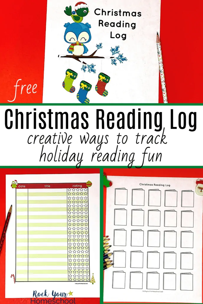 Christmas reading log cover, color chart, and black and white tracker to feature the special holiday fun your kids will have recording and tracking Christmas books with this free pack