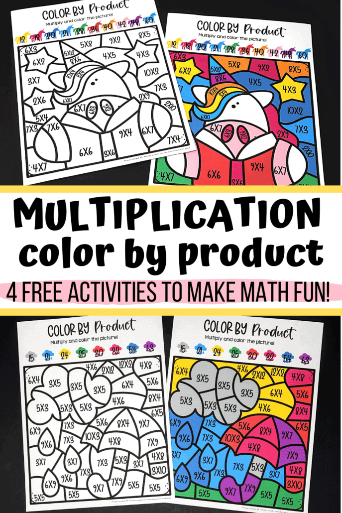 Multiplication color by product unicorn and rainy day pages to feature the excellent math fun your kids will have with these 4 free multiplication coloring activities