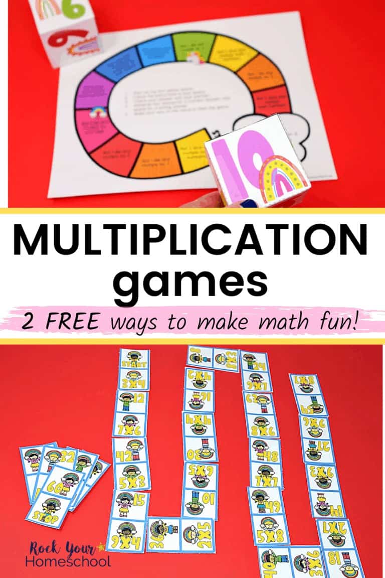 Rainbow multiplication game and rainbow multiplication dominoes game to feature the awesome math fun your kids will have with this free set of multiplication games