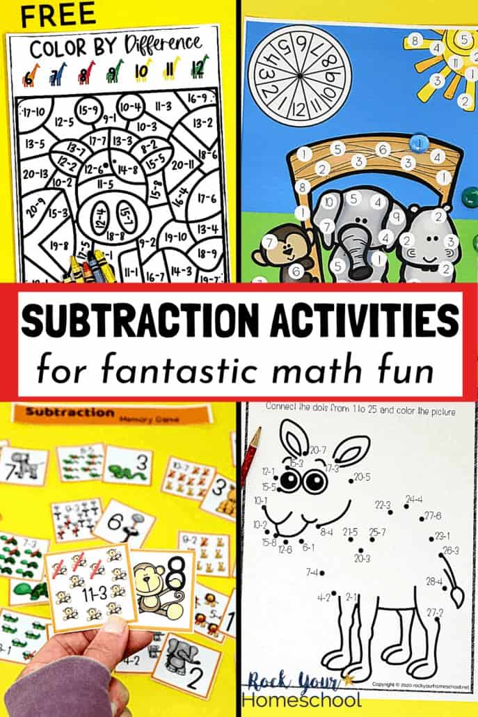 Color by difference, roll-and-cover, subtraction memory game, and connect the dots to feature how these 4 free creative subtraction activities will help you easily make math fun