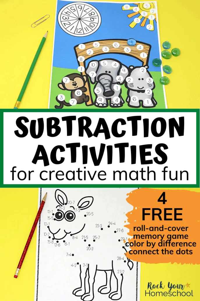Subtraction roll-and-cover game and connect the dots featuring cute zoo animals to feature how these 4 creative subtraction activities can help you easily make practicing subtraction facts fun
